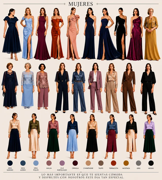 Guía de vestimenta para ellas: vestidos, conjuntos y paleta de colores sugerida